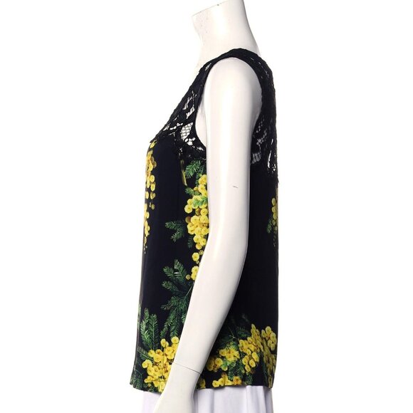 Dolce & Gabbana Black Yellow Floral Print Crepe Lace Yoke Sleeveless Top 40 US 4 - Picture 2 of 3